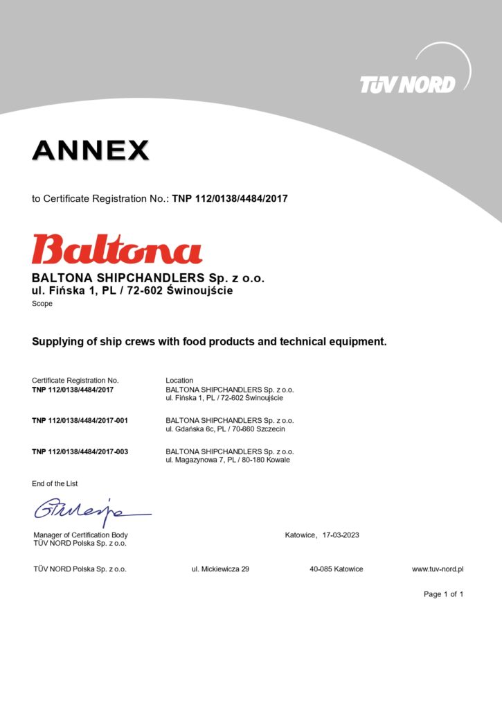 attachment to HACCP certification Baltona Shipchandlers HAACP 2023 - EN